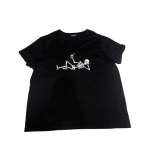 Skeleton Graphic Ladies Size 2XL Fitted Tee Black T-Shirt Drink Halloween Plus